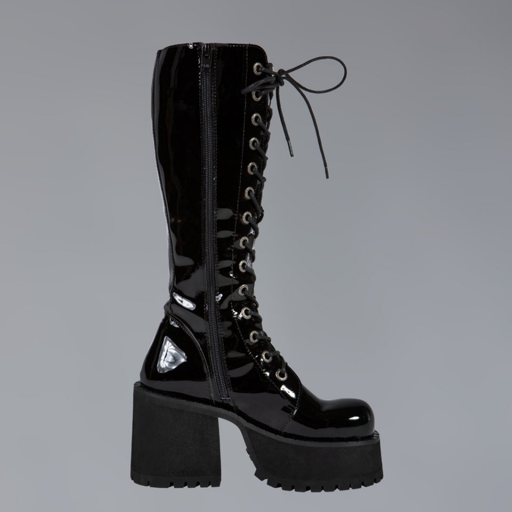 Unif Trinity Platform Black Patent Leather Lace-Up Combat Mid Calf Boot size 8 - Picture 6 of 7